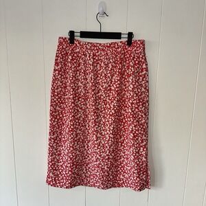 J. Crew Women's Red White Floral Pull On Slip Midi Skirt Sz Medium Elastic Band